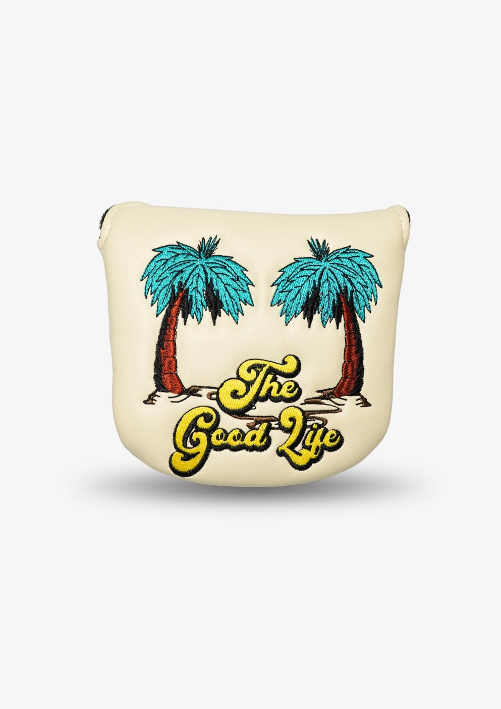Beige golf headcover with palm trees and 'The Good Life' text on a white background.