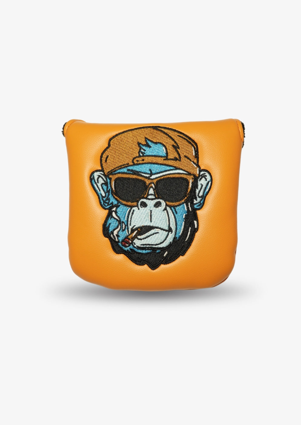 Orange putter headcover with a monkey design wearing sunglasses and a cap on a white background