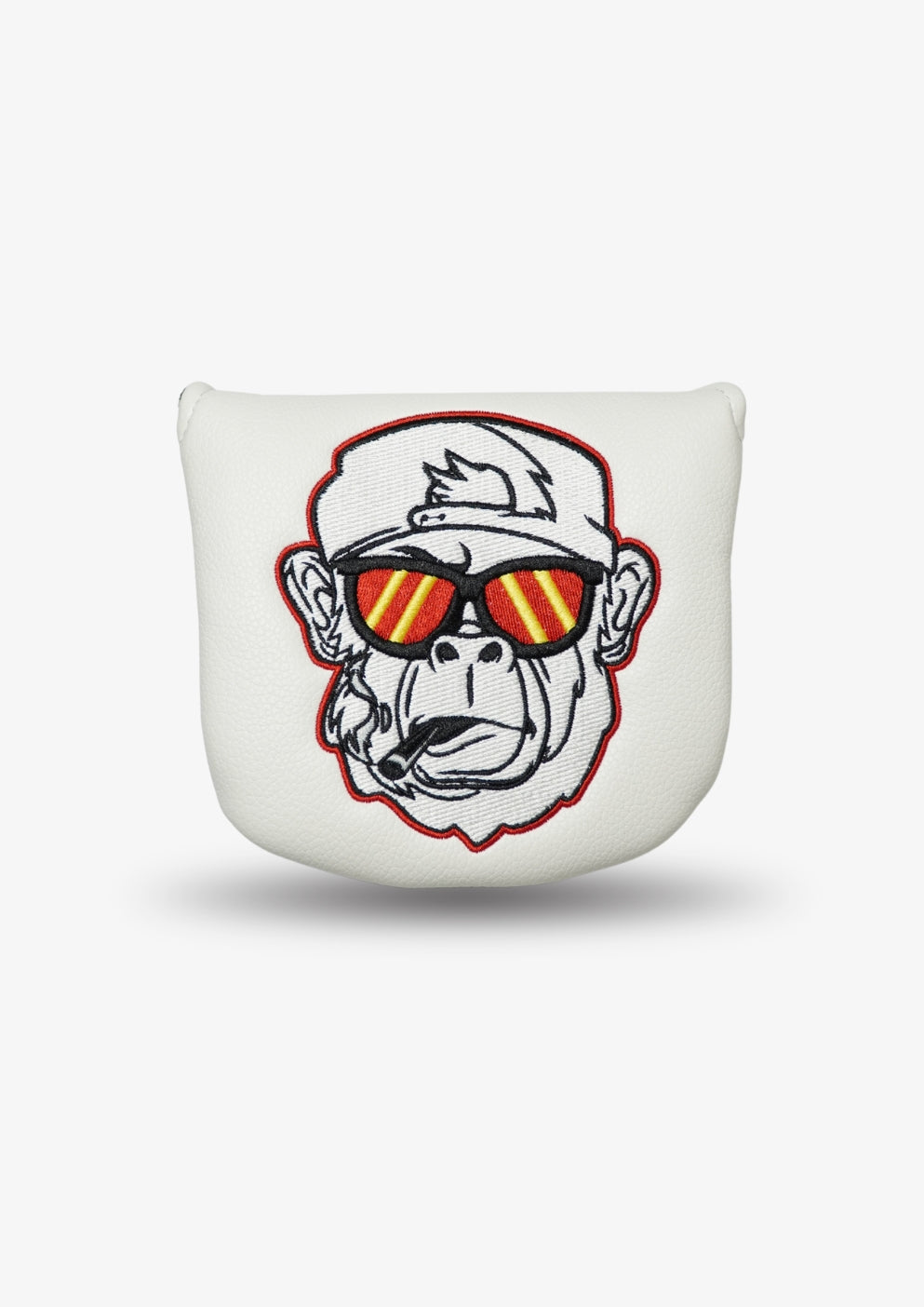 White putter headcover with a graphic of a monkey wearing sunglasses on a white background