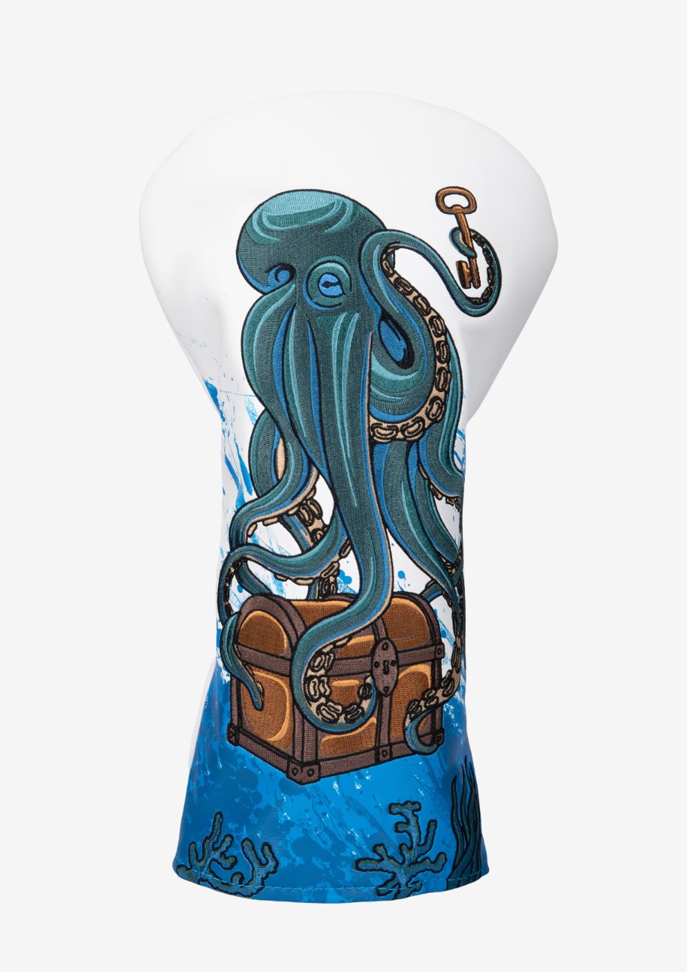 Decorative golf headcover with an octopus and treasure chest design on a white background