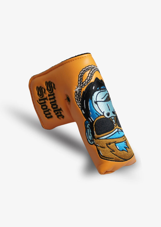 Golf club head cover with gorilla character design on a white background