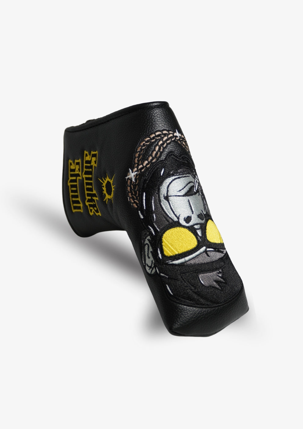 Black golf putter headcover with graphic design on a white background