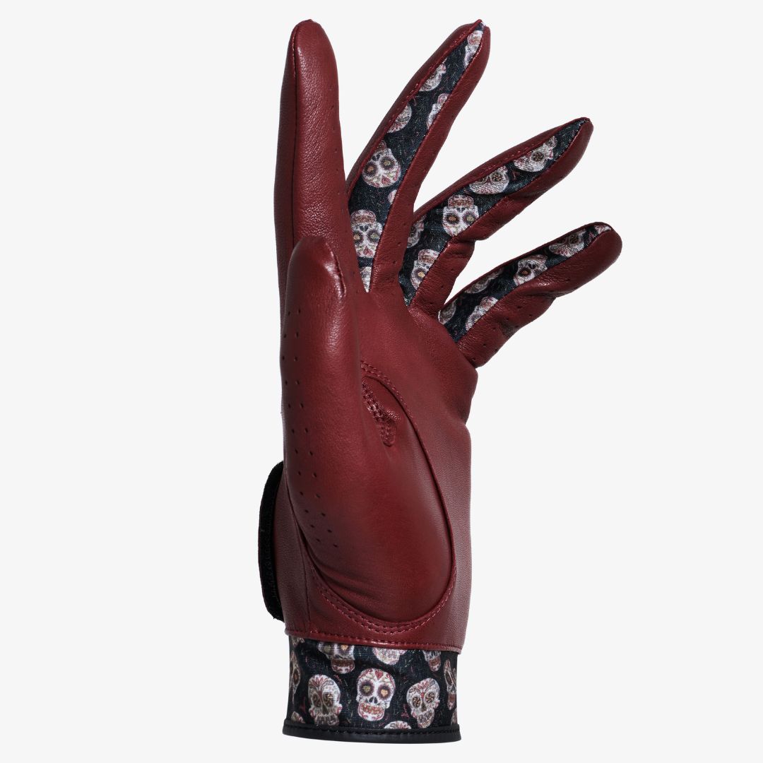 leather golf glove in brown with skull design
