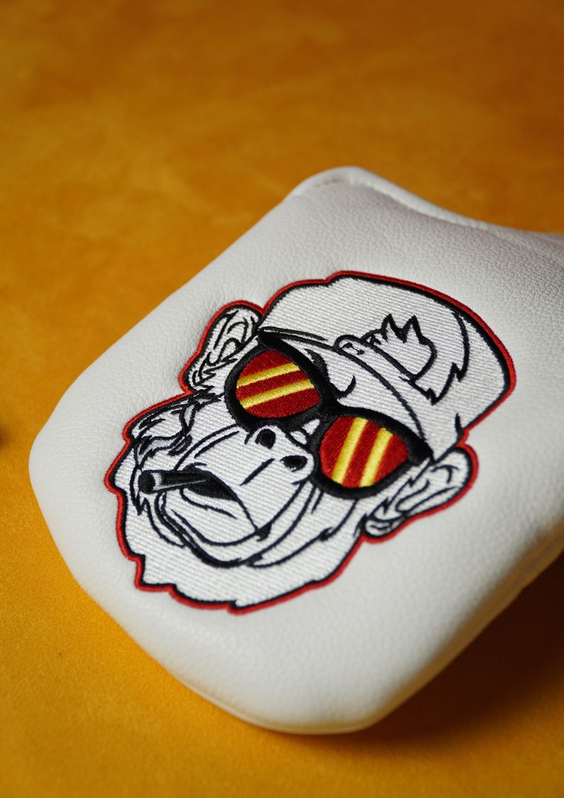Mallet headcover with an embroidered patch with a gorilla wearing sunglasses on a yellow background