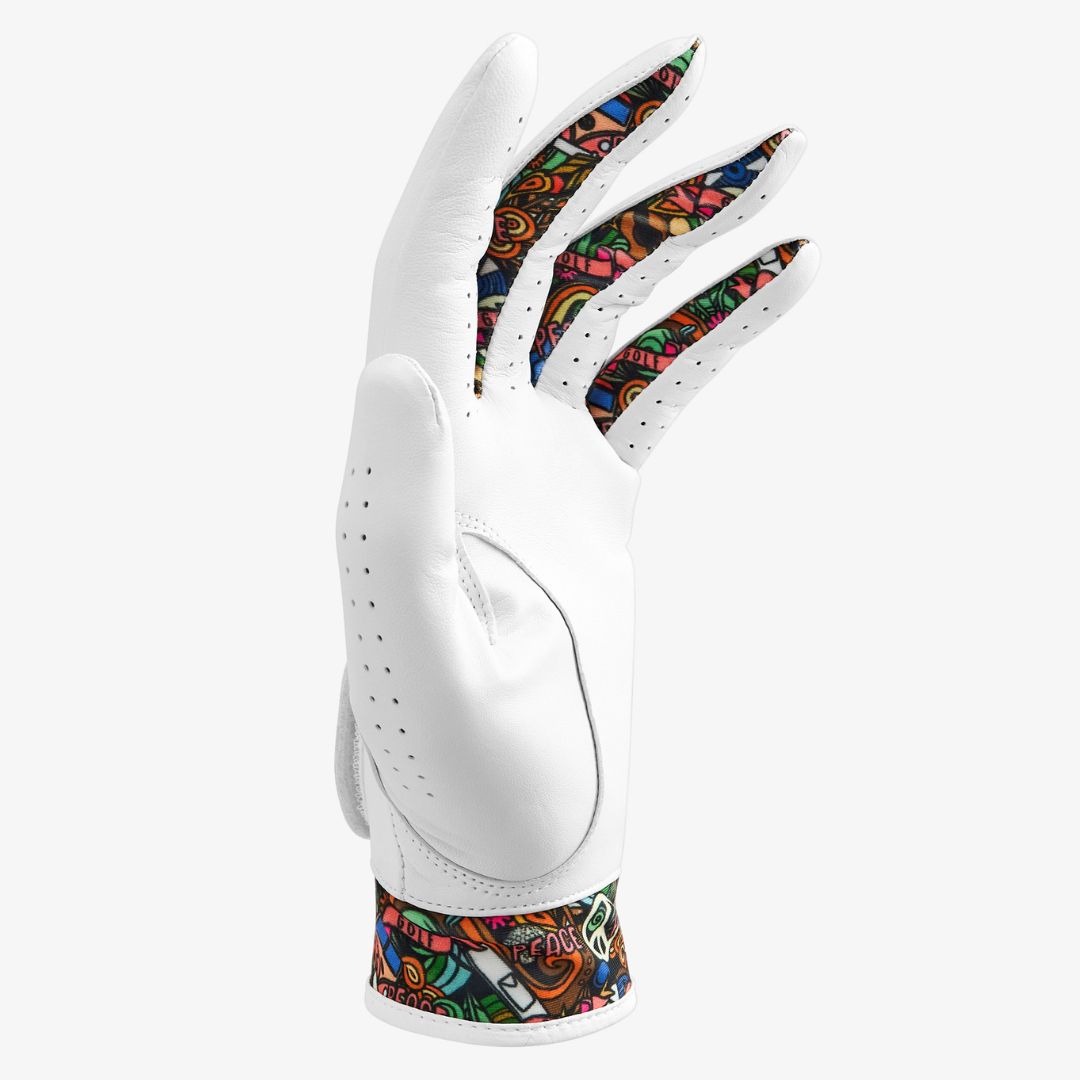 White golf glove with colorful pattern on a white background