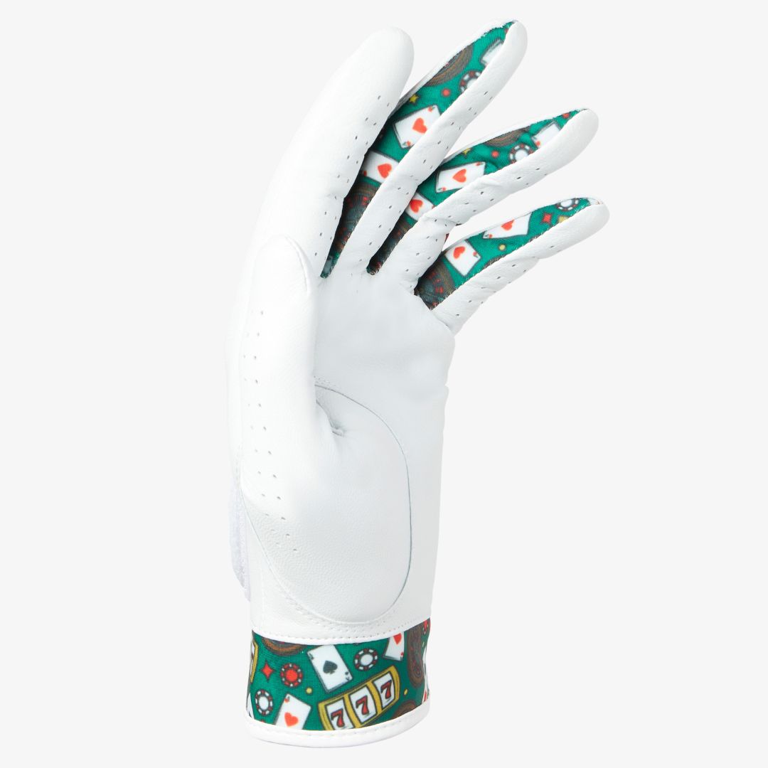 White glove with colorful pattern on a white background