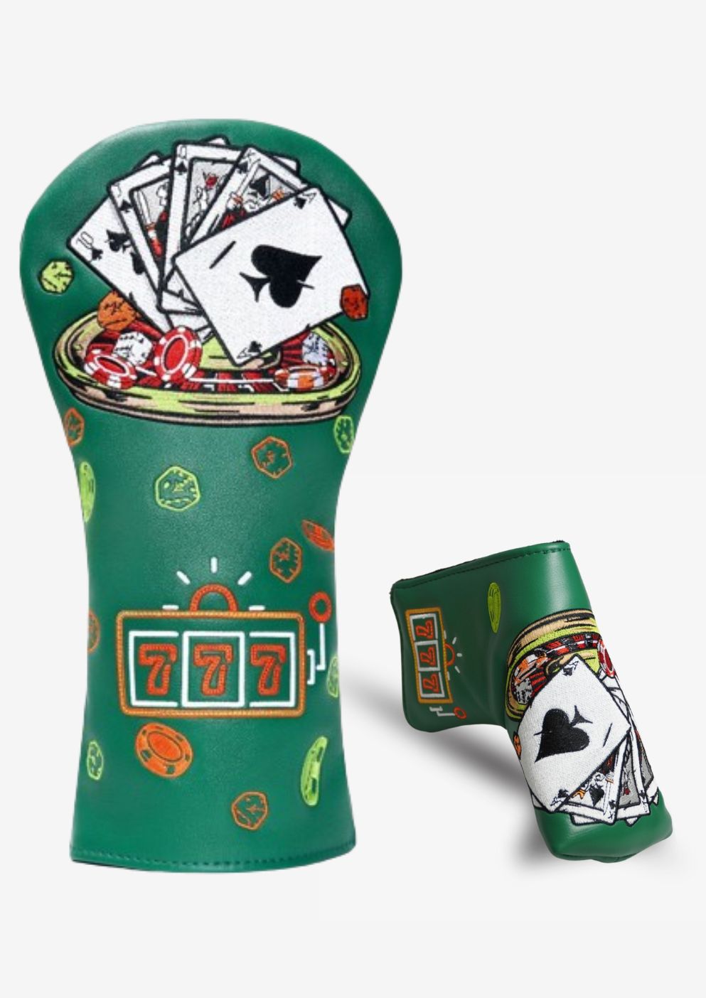 Green golf club head cover with poker-themed design on a white background