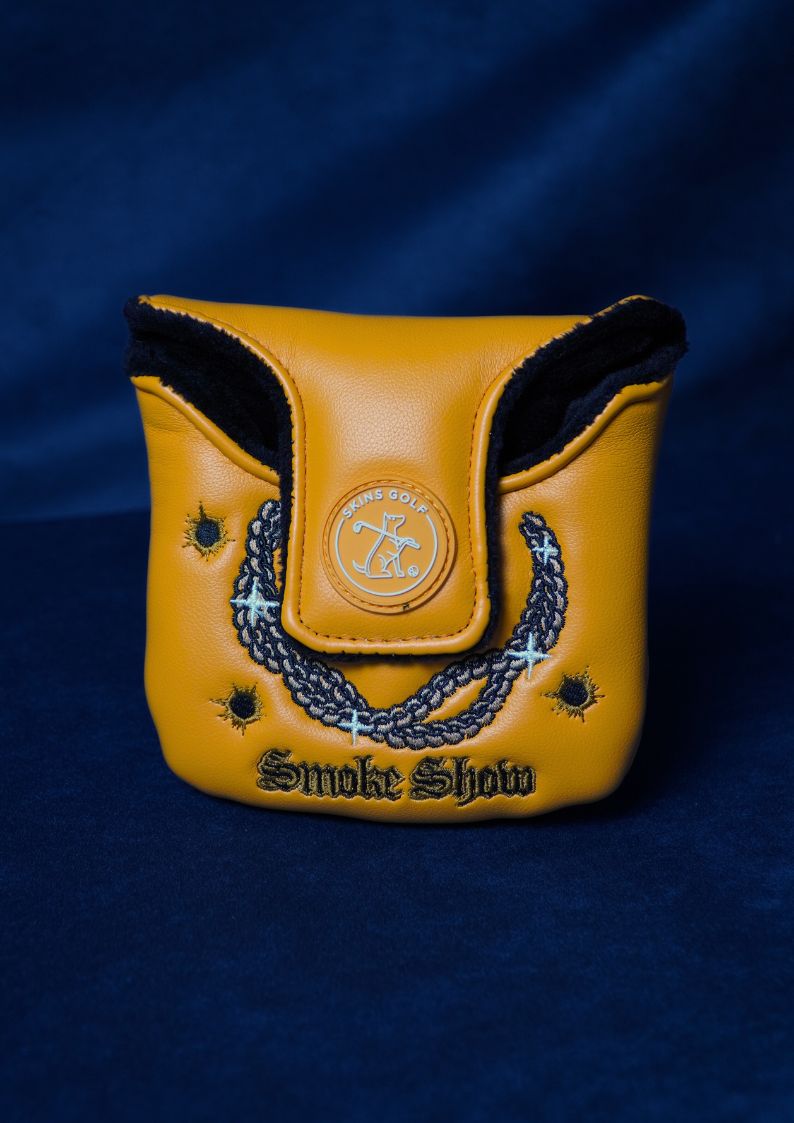 Orange leather mallet cover with decorative rope and 'Smoke Show' branding on a blue background