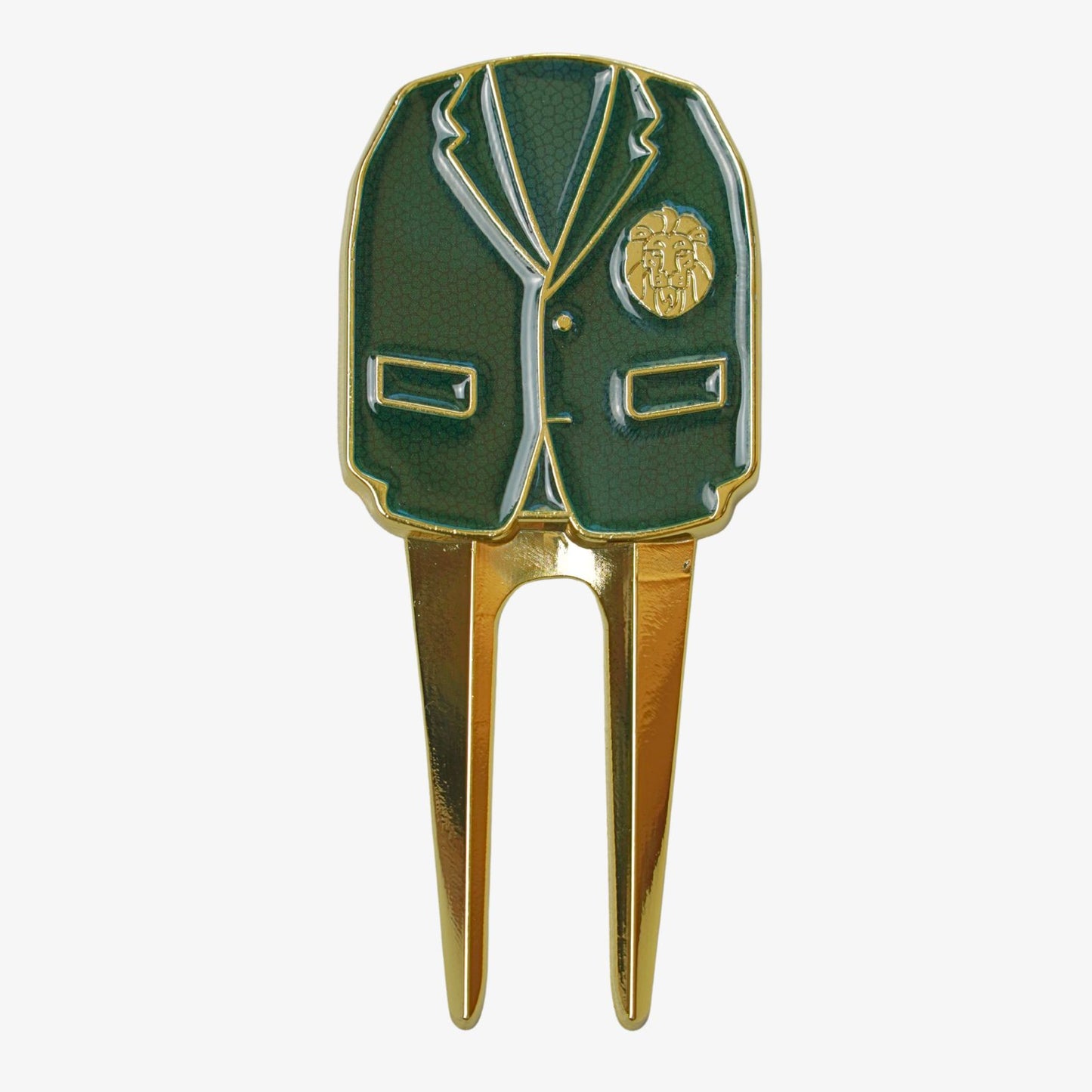 Golf divot tool with green jacket design on a white background