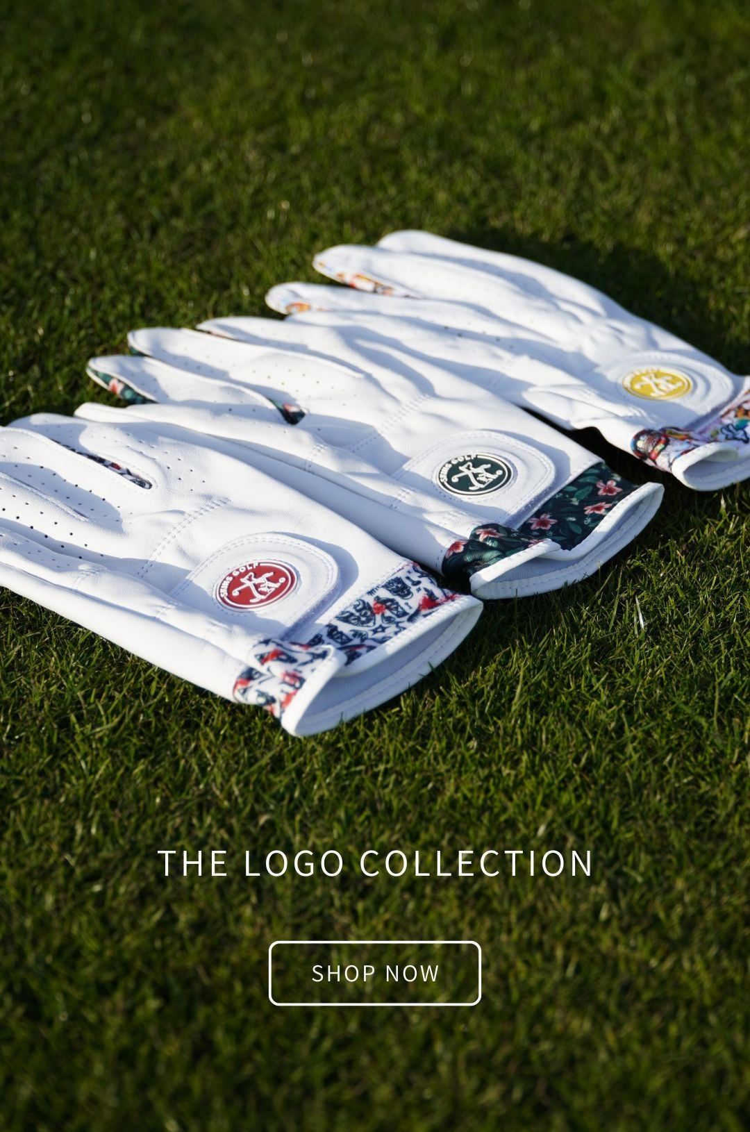 Three white golf gloves on a green grass background.