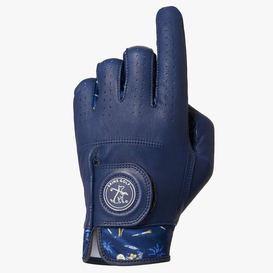 Navy blue golf glove with a brand logo on a white background