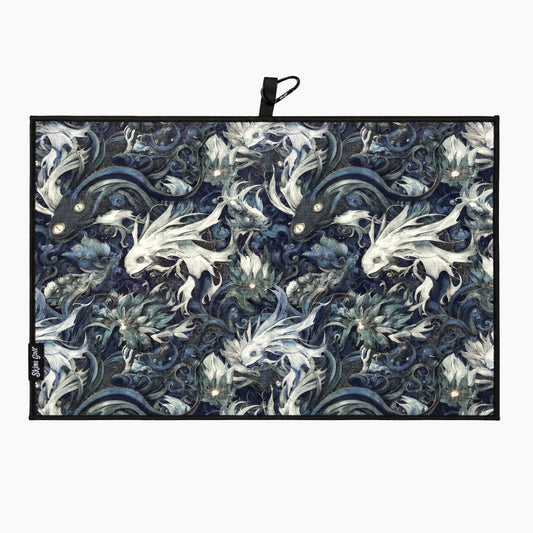 Decorative golf towel with fish pattern on a white background