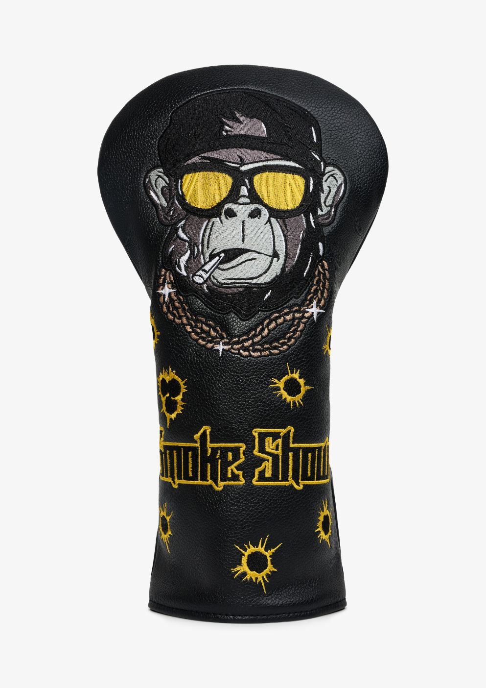 Golf club head cover with monkey design and 'Skins Golf' branding on a white background