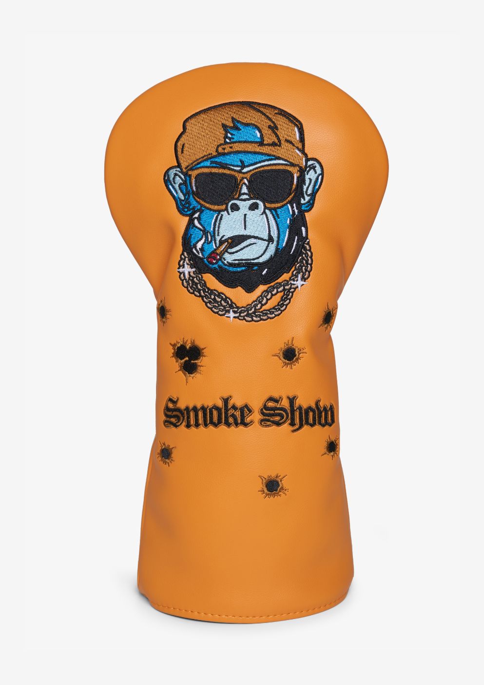Orange golf club head cover with monkey graphic and 'Smoke Show' text on a white background