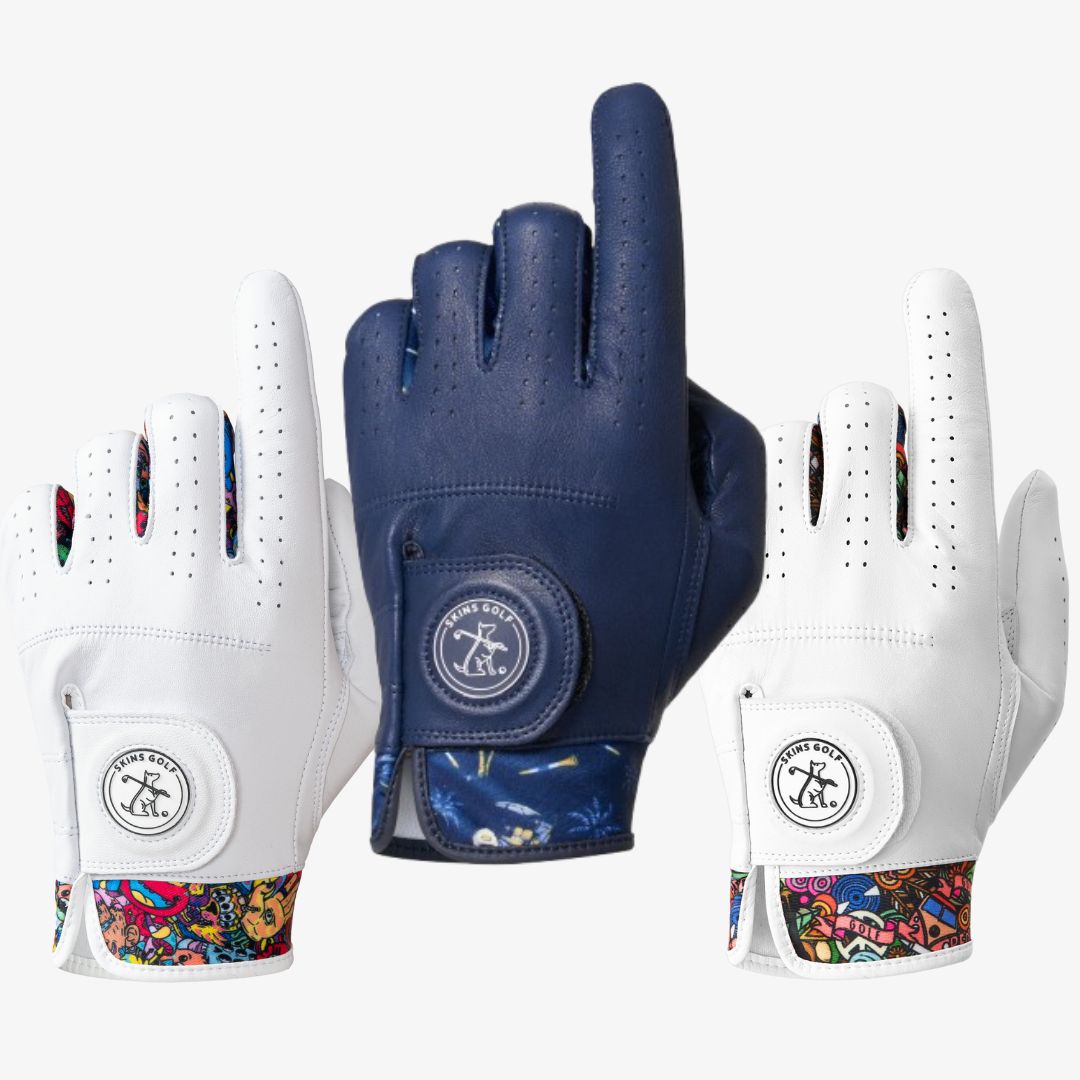 Three gloves with colorful patterns on a white background