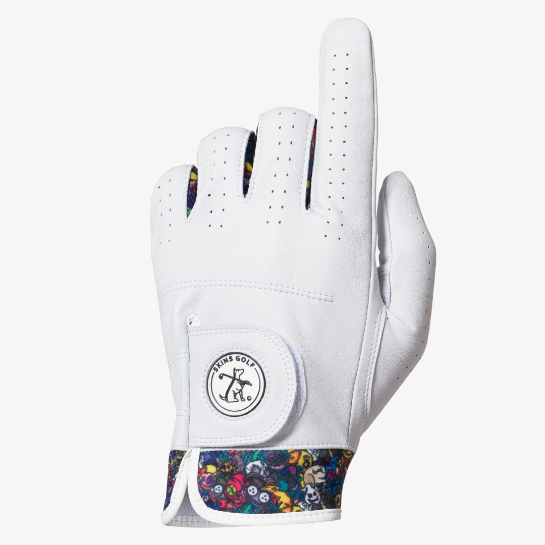 white golf glove with voodoo design