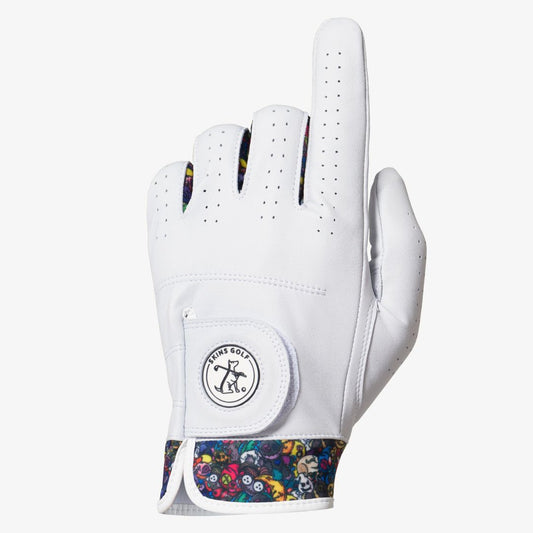 white golf glove with voodoo design