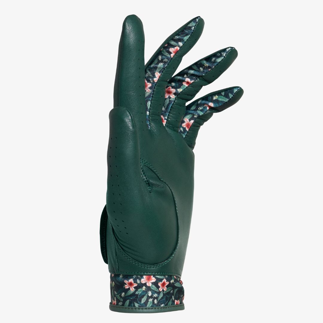 green golf glove with floral design on wrist