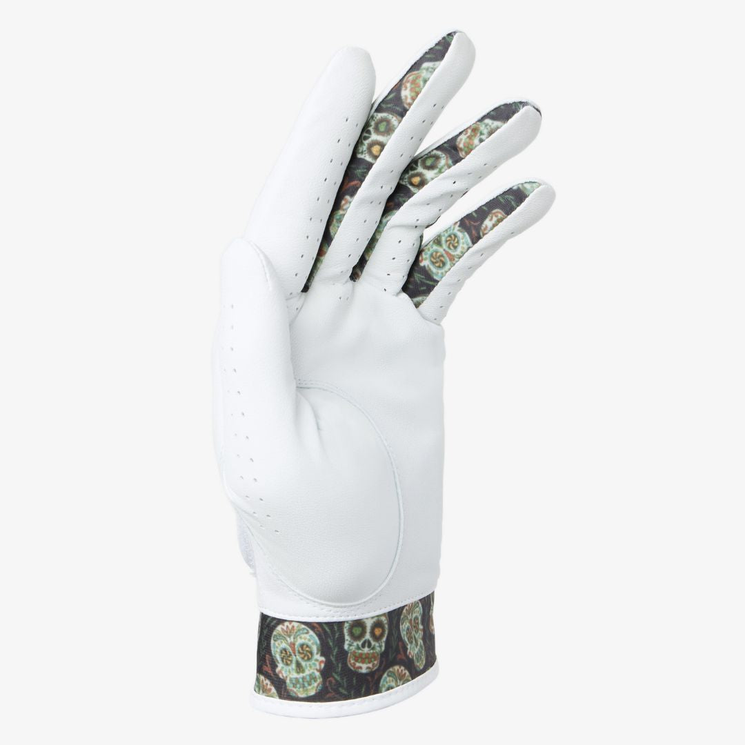 white golf glove with skull pattern
