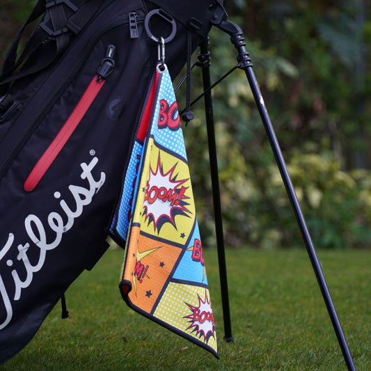 Cool golf towel on a golf bag