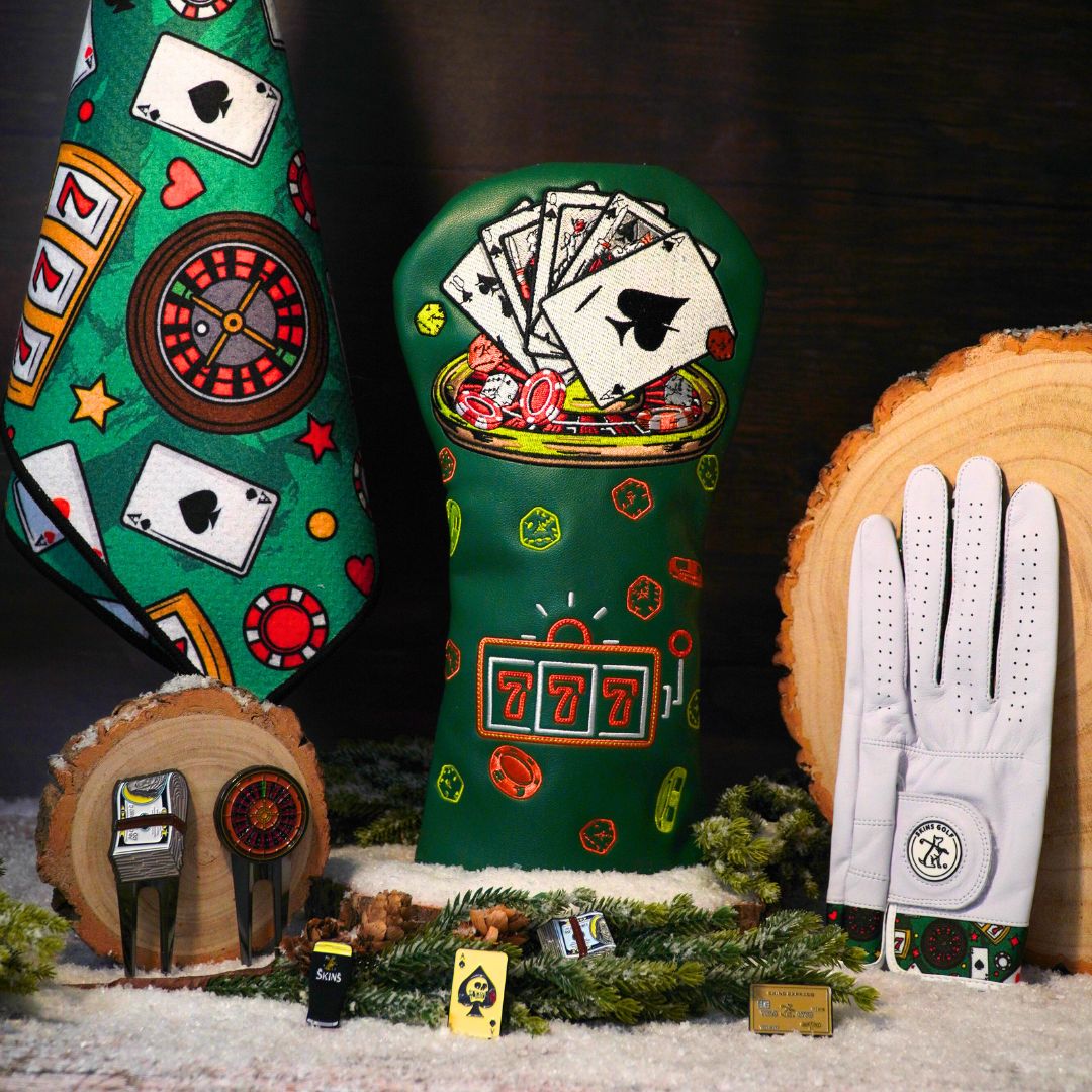 Golf gifts, headcovers, gloves and towels with casino designs.