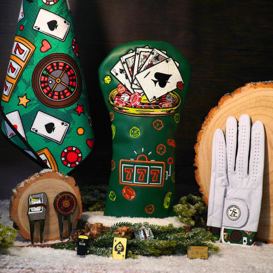 Golf gifts, headcovers, gloves and towels with casino designs.