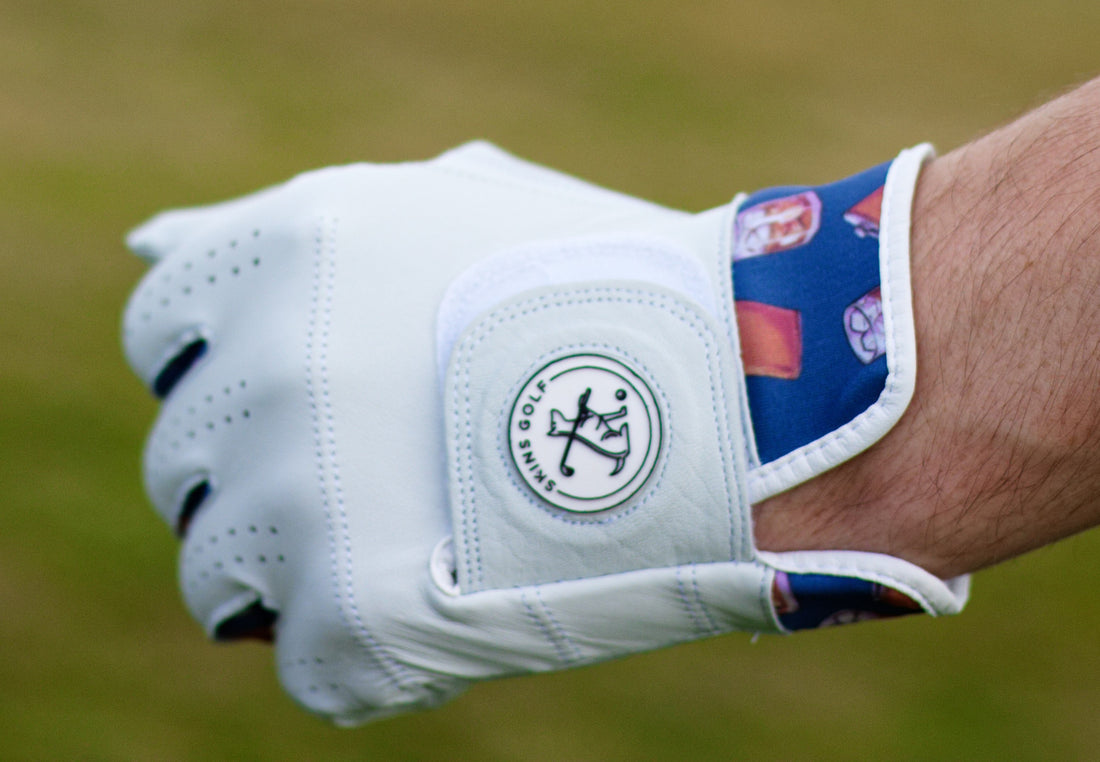 White golf glove with whiskey design on wrist