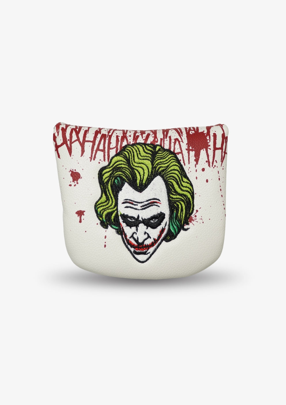 White golf headcover with a graphic design of a Joker's face and text on a white background.