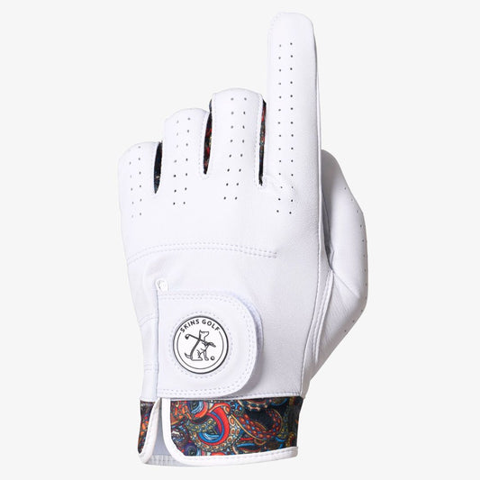 White golf glove with colorful cuff and brand logo on a white background