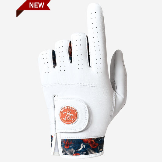 White golf glove with floral pattern at the bottom on a white background