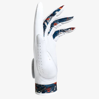 White golf glove with colorful palm design on a white background