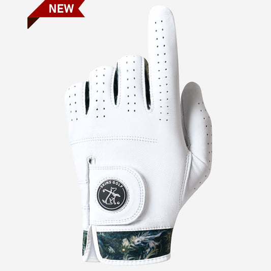 White golf glove with floral pattern on the back, brand logo visible, on a white background