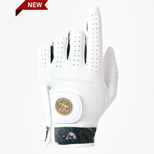 White golf glove with camouflage pattern on a white background