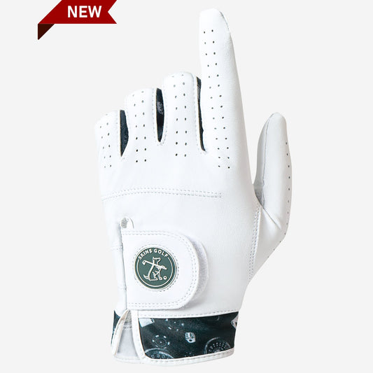 White golf glove with a brand logo on a white background