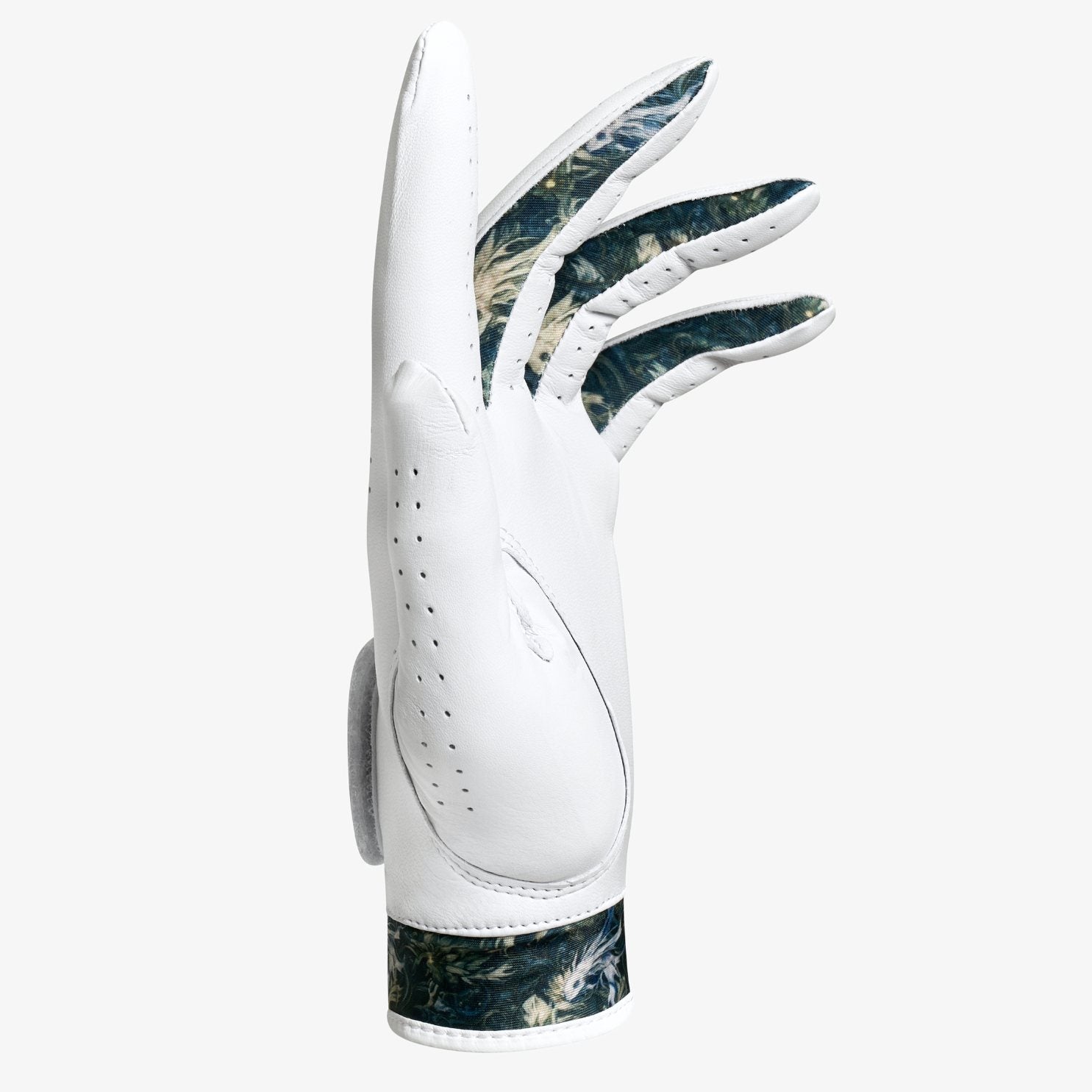 White golf glove with floral pattern on a white background