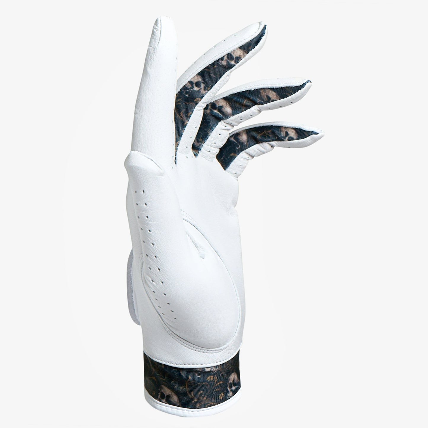 White glove with black and brown patterned palm and cuff on a white background