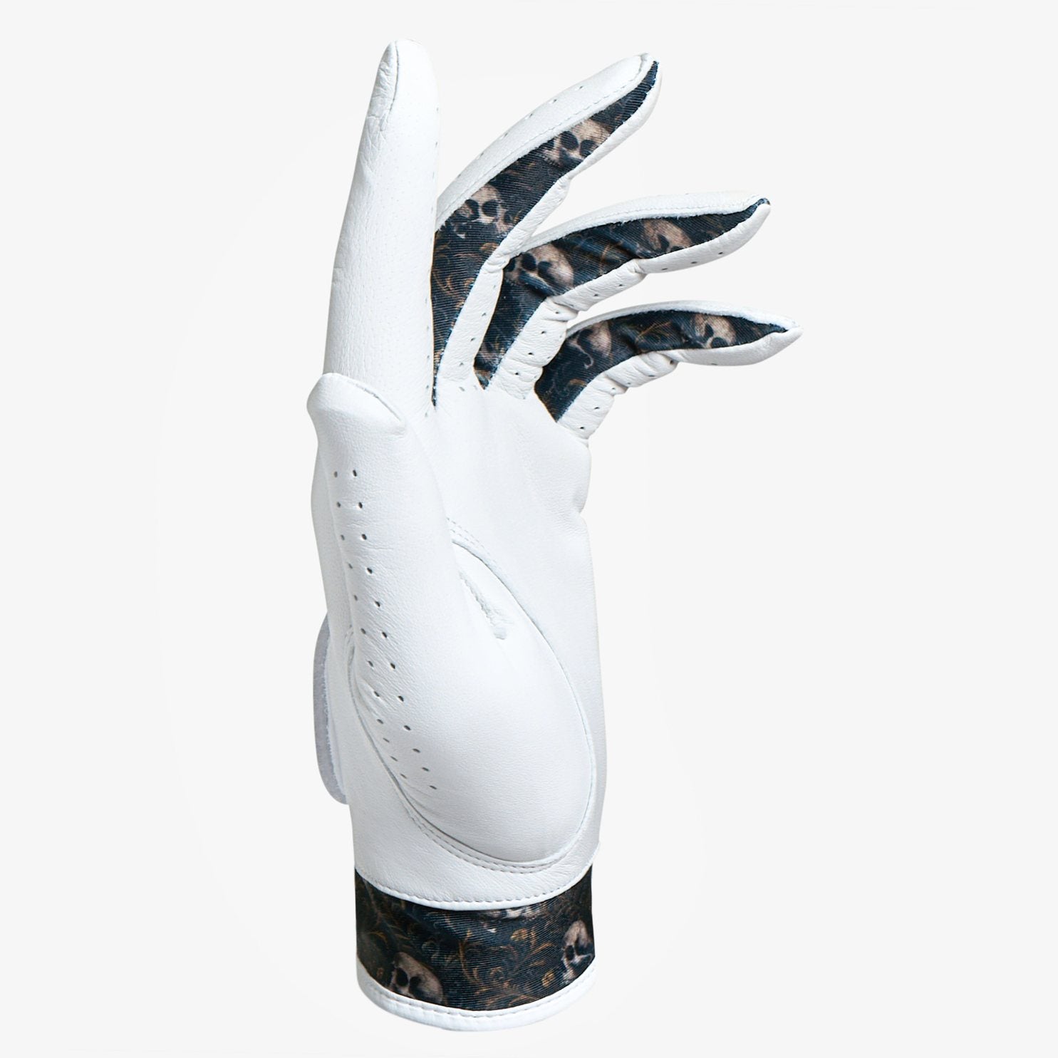 White glove with black and brown patterned palm and cuff on a white background