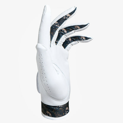 White glove with black and brown patterned palm and cuff on a white background