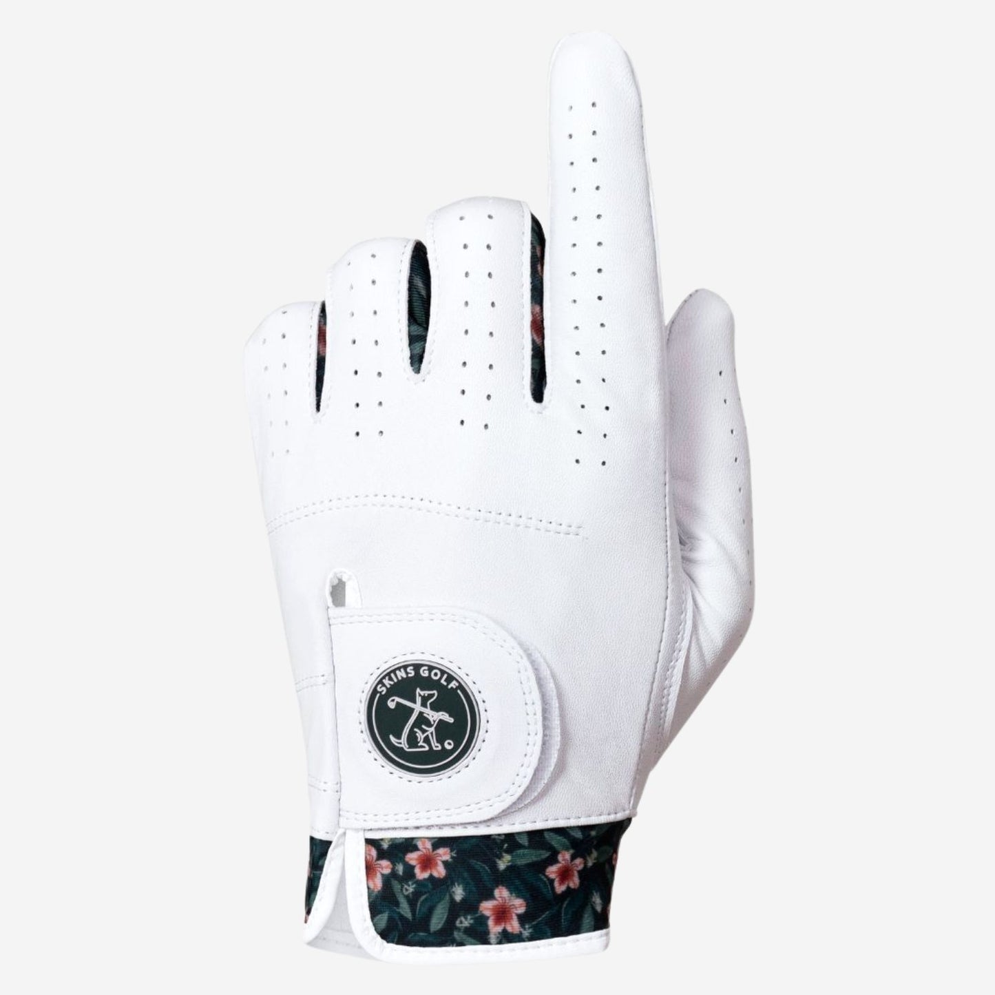 White golf glove with floral pattern on the wristband on a white background