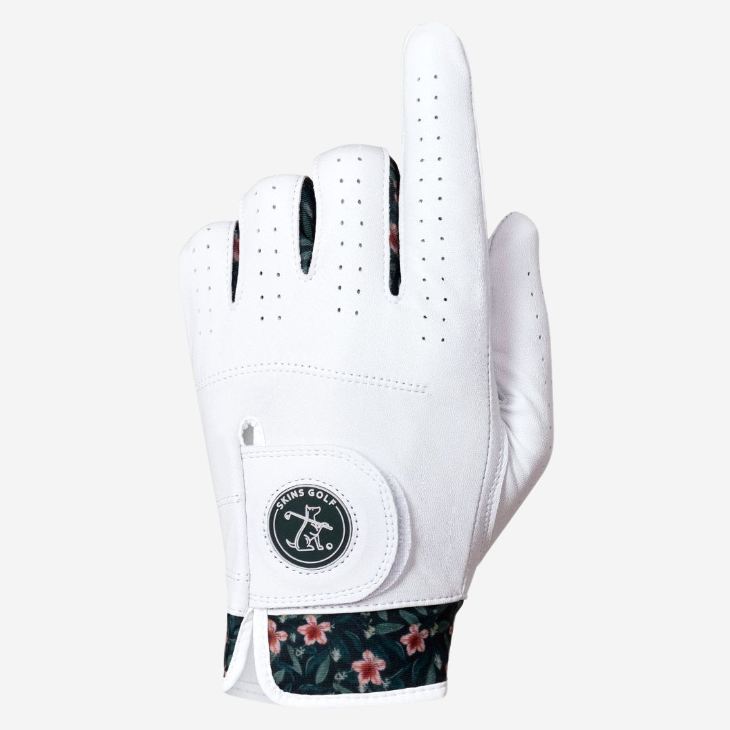 White golf glove with floral pattern on the wristband on a white background
