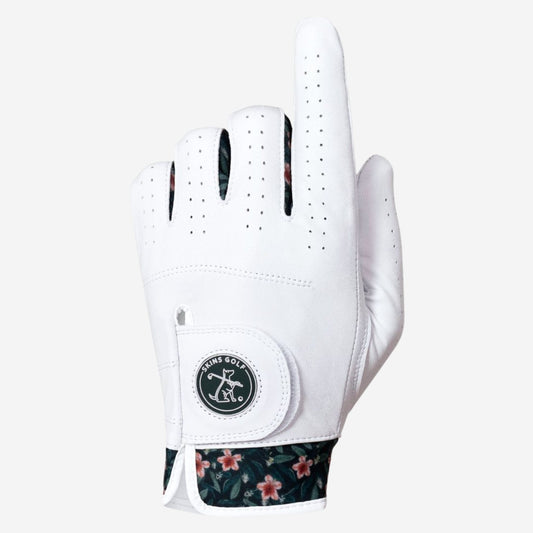 White golf glove with floral pattern on the wristband on a white background