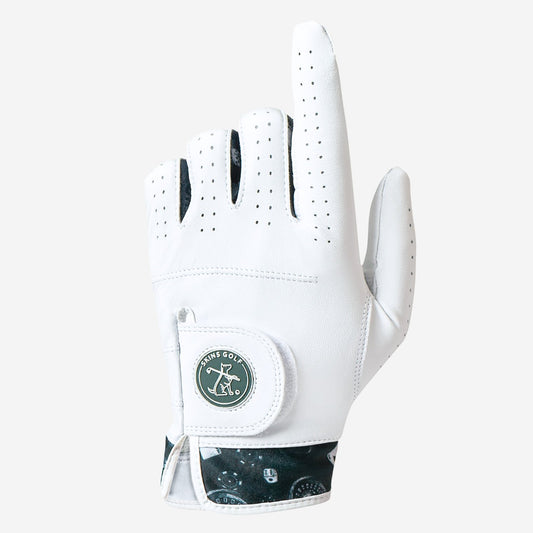 White golf glove with a skins golf logo on a light gray background