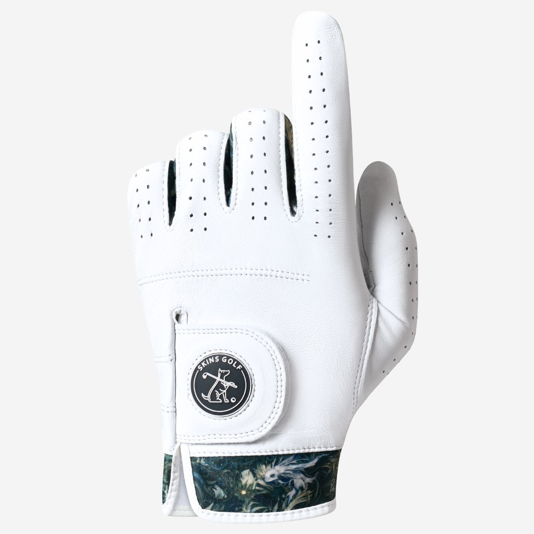 White golf glove with floral pattern on the palm on a light gray background