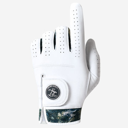 White golf glove with floral pattern on the palm on a light gray background
