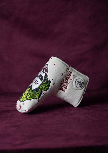 White golf putter headcover with Joker  design on a purple background