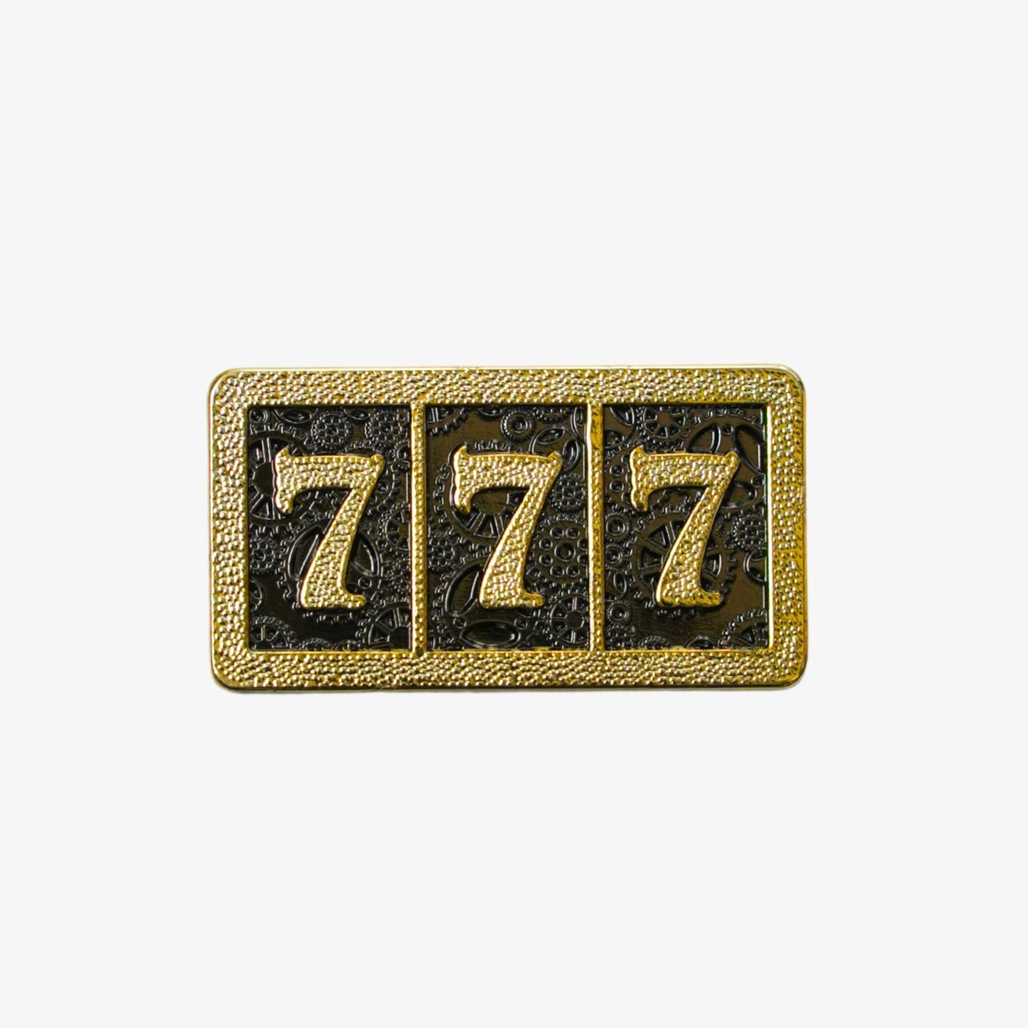 Decorative golf ball marker with the number '777' in gold and black on a white background