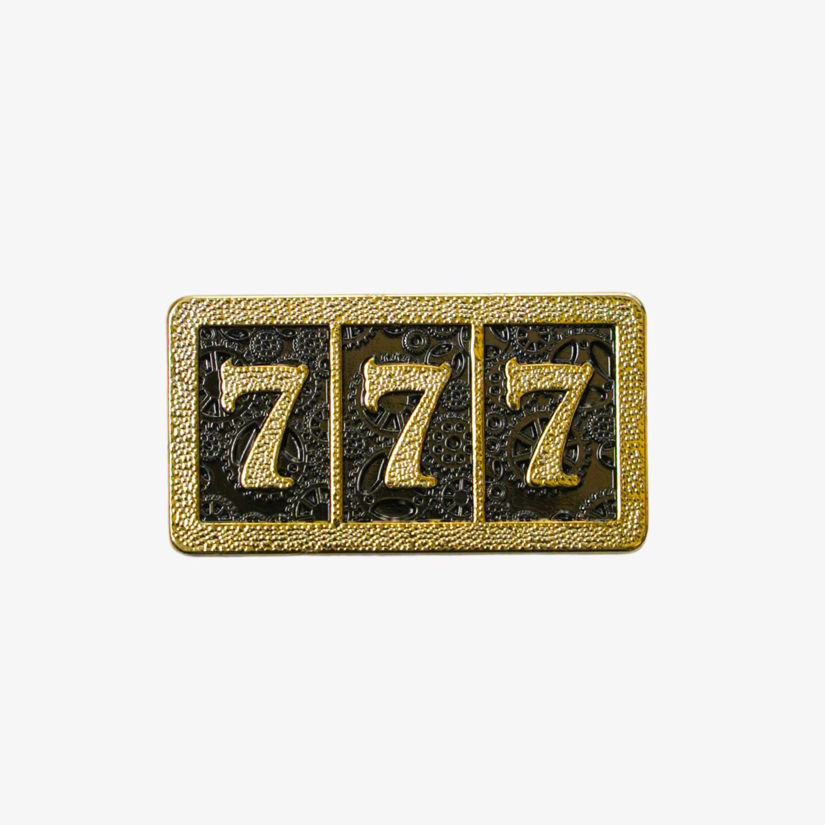 Decorative golf ball marker with the number '777' in gold and black on a white background
