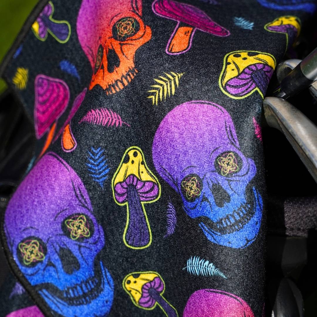 Golf towel with skulls and mushrooms