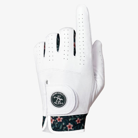 White golf glove with floral cuff on a white background