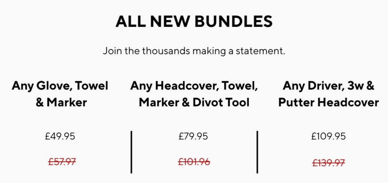 Product bundle pricing list with various items and their costs on a white background.